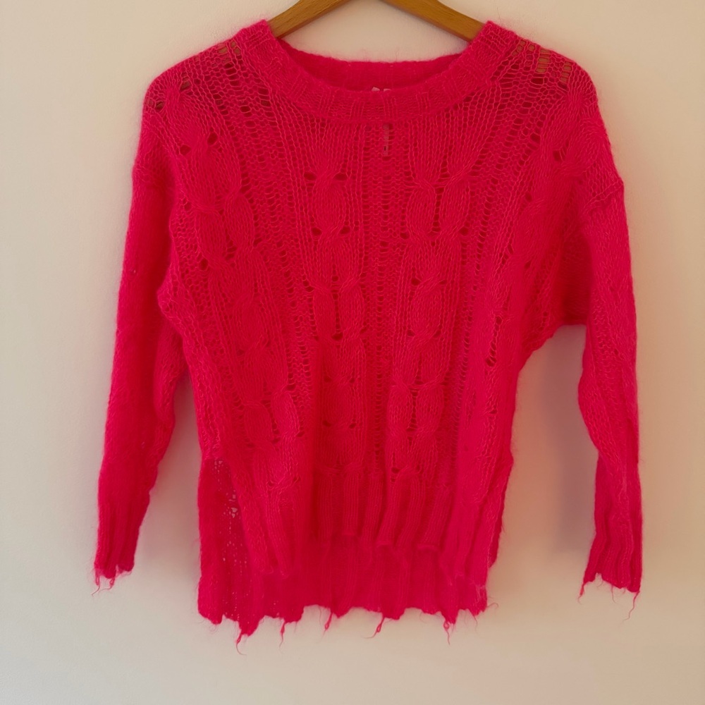 Anthropologie The Posey Stitchy Distressed Sweater Vibrant Pink Size XXS
